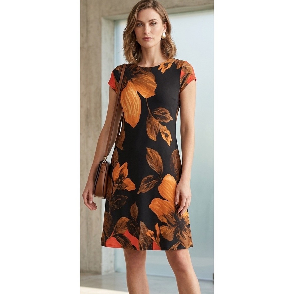 Madison Leigh Floral Knit A-Line Dress Knee Length Round Neck Cap Sleeve 8